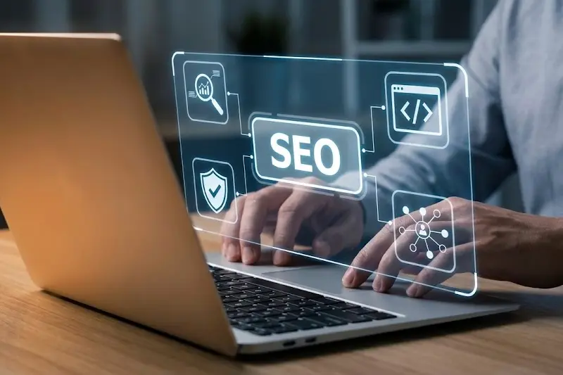 Consultor SEO trabajando en un portátil que muestra métricas de código, análisis de datos y red de autoridad