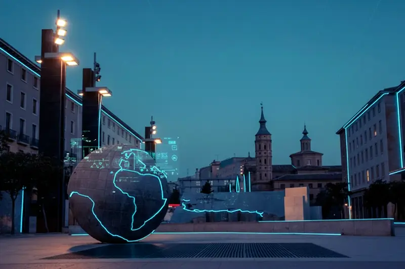 Vista nocturna de la Plaza del Pilar en Zaragoza con globo digital iluminado